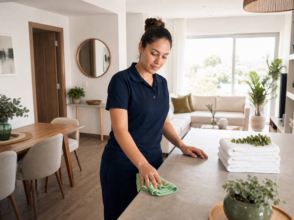 Personal preparando y limpiando un departamento para Airbnb en Saltillo